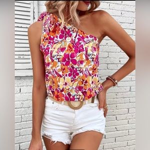 One shoulder Tie Floral Print Bright Summer Top Small / S NEW